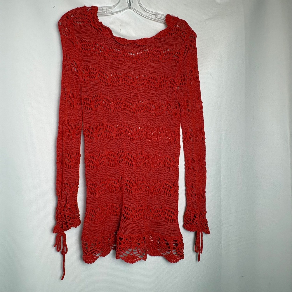 Coral Red Crochet L/S Boho Tunic Top Scalloped Hem Women Small Festival Renfair‎